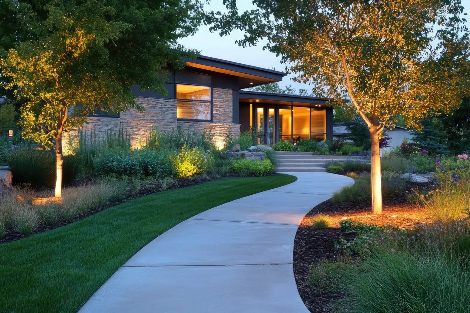 Layered garden lighting on a Portland-area property